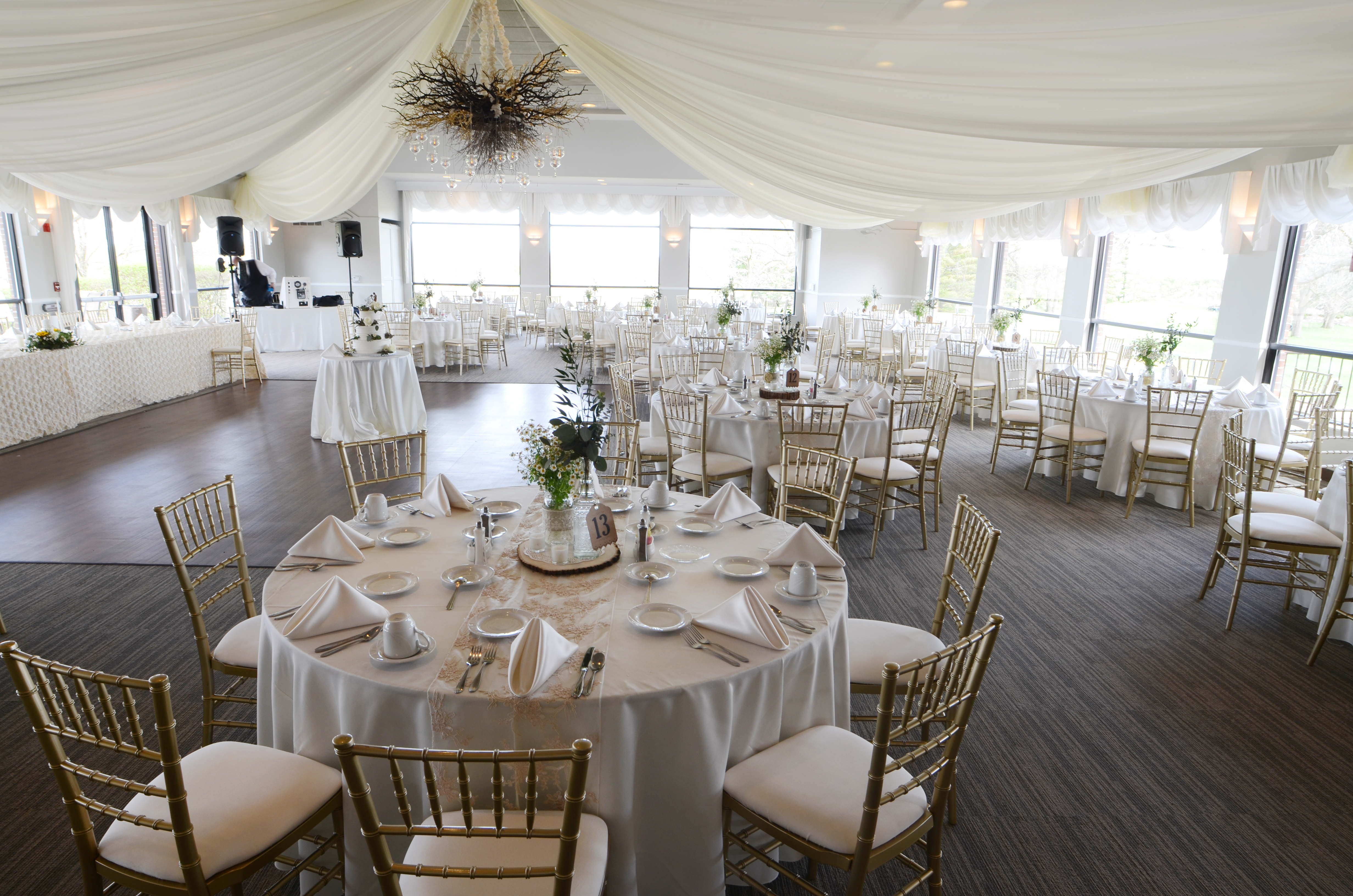 Photo of the Mystic Creek banquet room set up for a wedding.